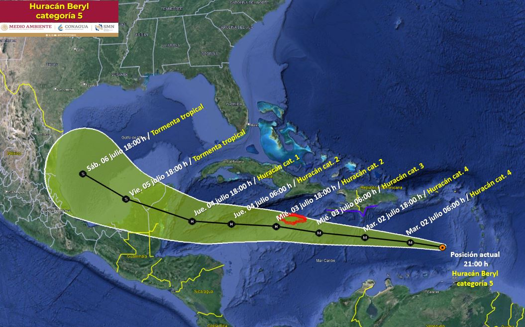 Última noticias del huracán Beryl, de categoría 5